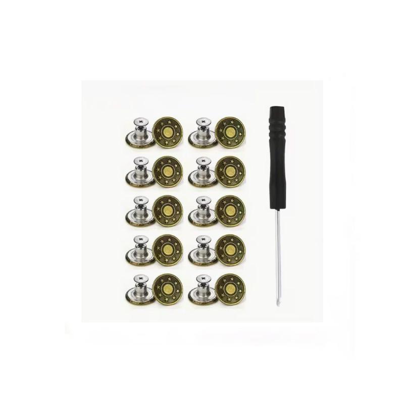 10Pcs Metal Jeans Button 17mm Adjustable Detachable Jeans Button Replacement No-Sewing Screw Button Repair Kit with Screwdriver