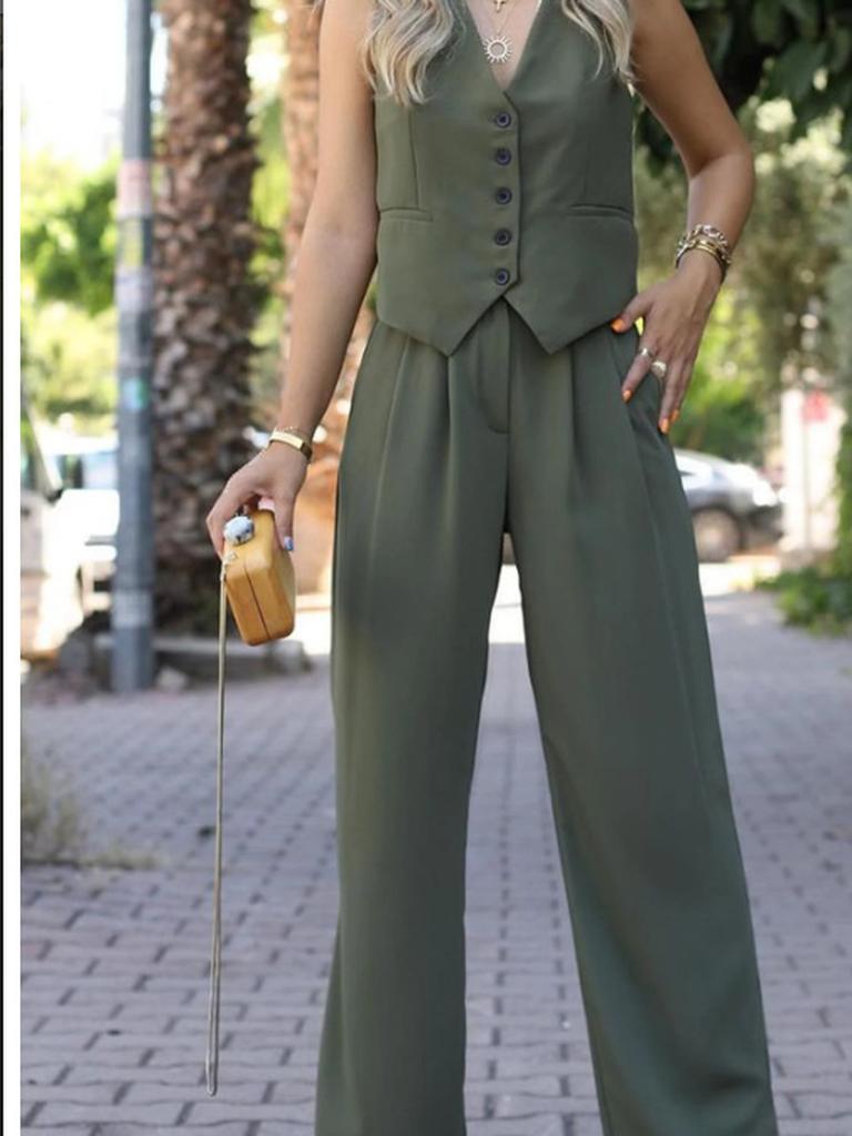 Women's Spring New Arrivals V-Neck Sleeveless Vest Wide Leg Pants Casual Set