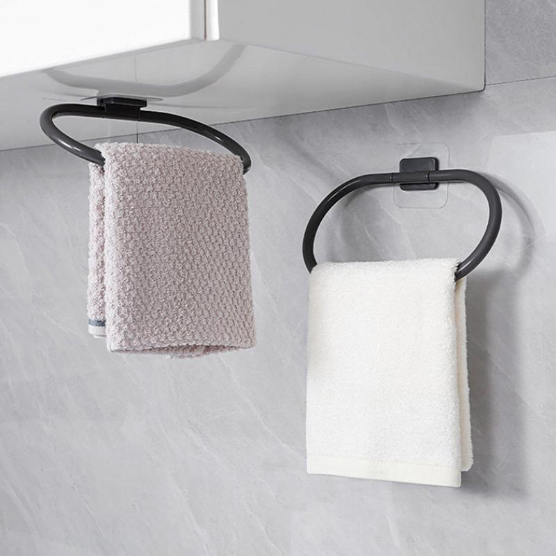 Handtuchhalter aus Kunststoff Selbstklebend Badezimmer Handtuchständer Schwarz Waschlappen Aufhänger Ring Schiene Stange Küchenaufbewahrungszubehör