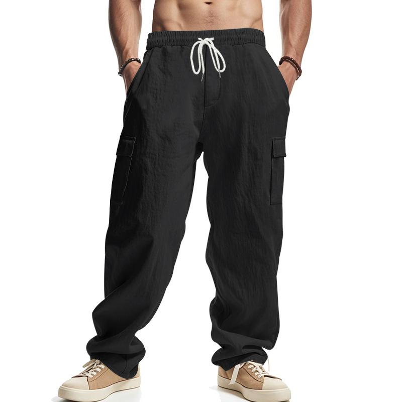 Men's linen trousers four seasons thin section breathable workwear multi-pocket loose casual trend wide-legged trousers