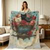 All Season Flannel Fleece Blanket with Vintage Kitten And Rose Floral Teacup Print Soft Warm Cozy Lightweight Throw Blanket for Sofa Couch Bedroom Liv