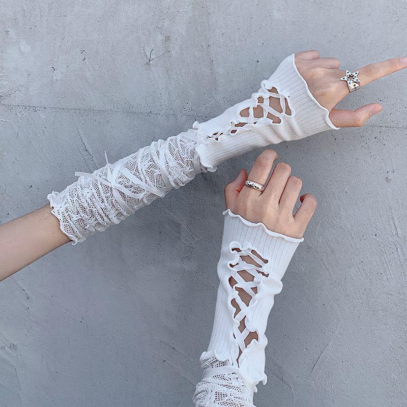 Y2K Millennial Lace-Up Ruffle Cute JK Lolita Bracelet Gloves with Ribbon Sleeves