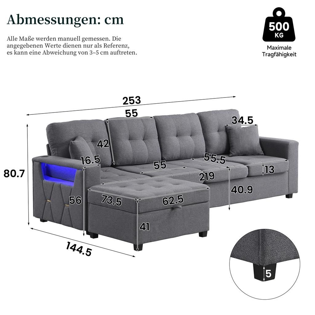 Modular L-Shaped Sofa with Freely Positionable Storage Ottoman, Double Armrest Storage, Charging Ports On Both Armrests and LED Mood Light