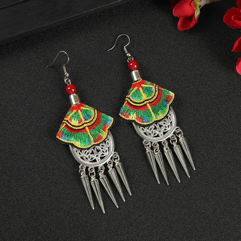 Yunnan embroidered fabric earrings long fringed personalized earrings Chinese retro Miao silver earrings women