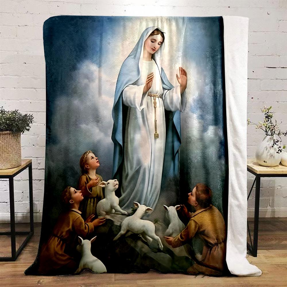 Our Lady of Grace Blanket with Children and Lambs Print  Printed Blanket for Living Room Bed Couch Lunch Break Blanket for Friend's Festival Gift