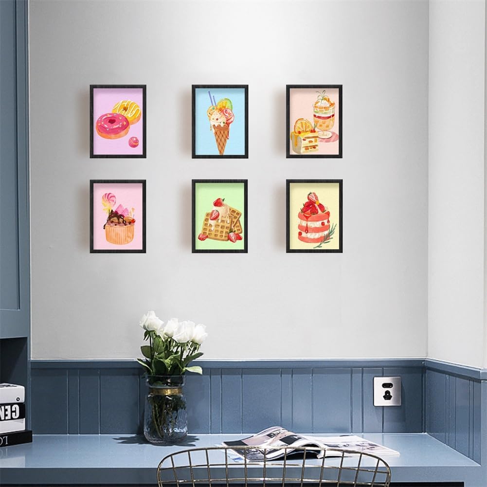 SUPERDANT Wall Art Set of 6 Unframed Canvas Prints, Dessert Poster, Ice Cream, Cake, Pink Modern Art, Girls Bedroom Decor, 20x25cm