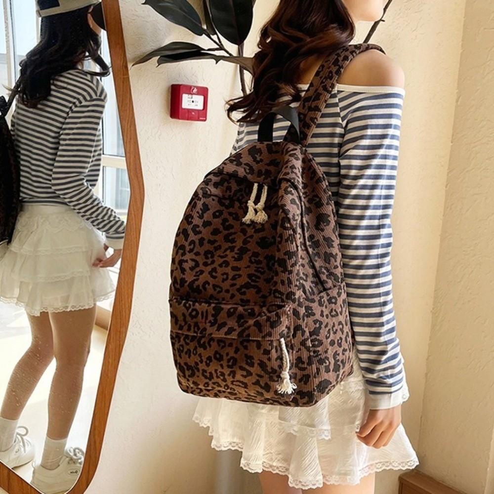 Lightweight Leopard Print Backpack Corduroy Students Daypack Students School Bag Work