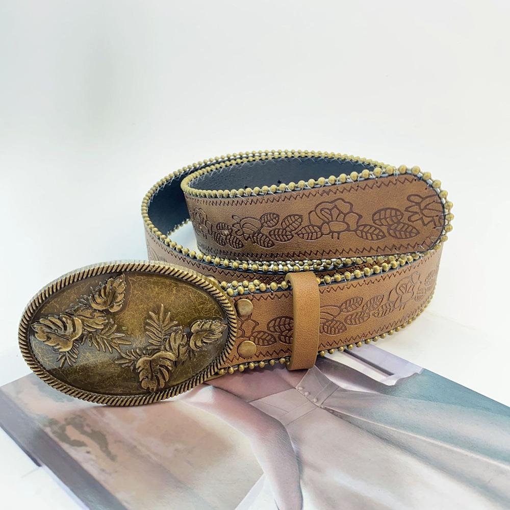Zinc Zinc Alloy Cowgirl Buckle Belt Vintage Flower PU Hollow Belt Fashion Cowboy Waistband  Dress Decoration