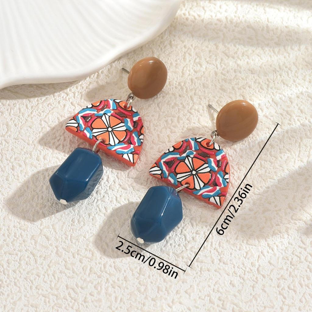 Vintage Earrings Geometric Women's Gemstone Inlaid Colorful Design Stud Earrings Versatile Ear Jewelry