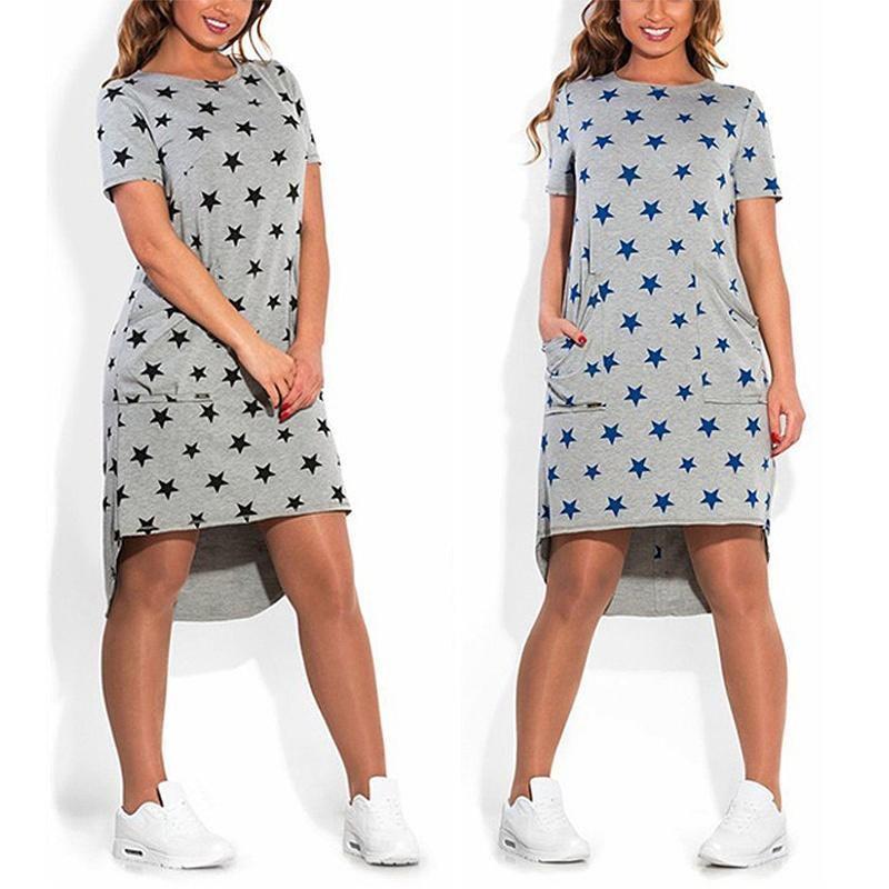 Summer Women Stars Printed Clothing Loose Fit Knee-length Casual Dress In Cotton Blend