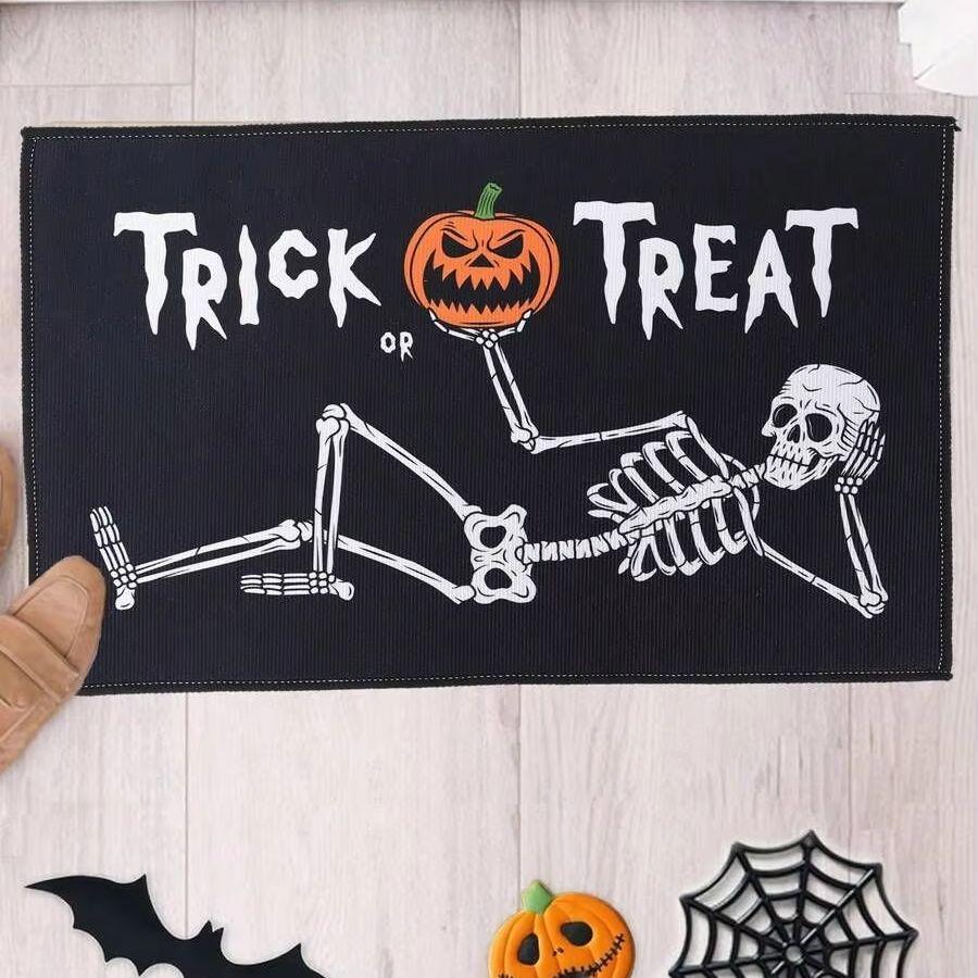 Halloween Skeleton Rug Trick or Treat Doormat Indoor Outdoor Entrance Welcome Floor Mat Holiday Ambiance Home Decoration