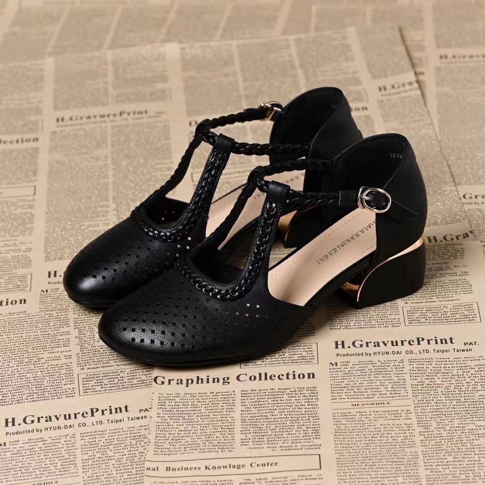 

Baotou thick-soled thick-heeled women s sandals soft leather outer wear one-word buckle summer breathable hollow hole shoes sandals women 35