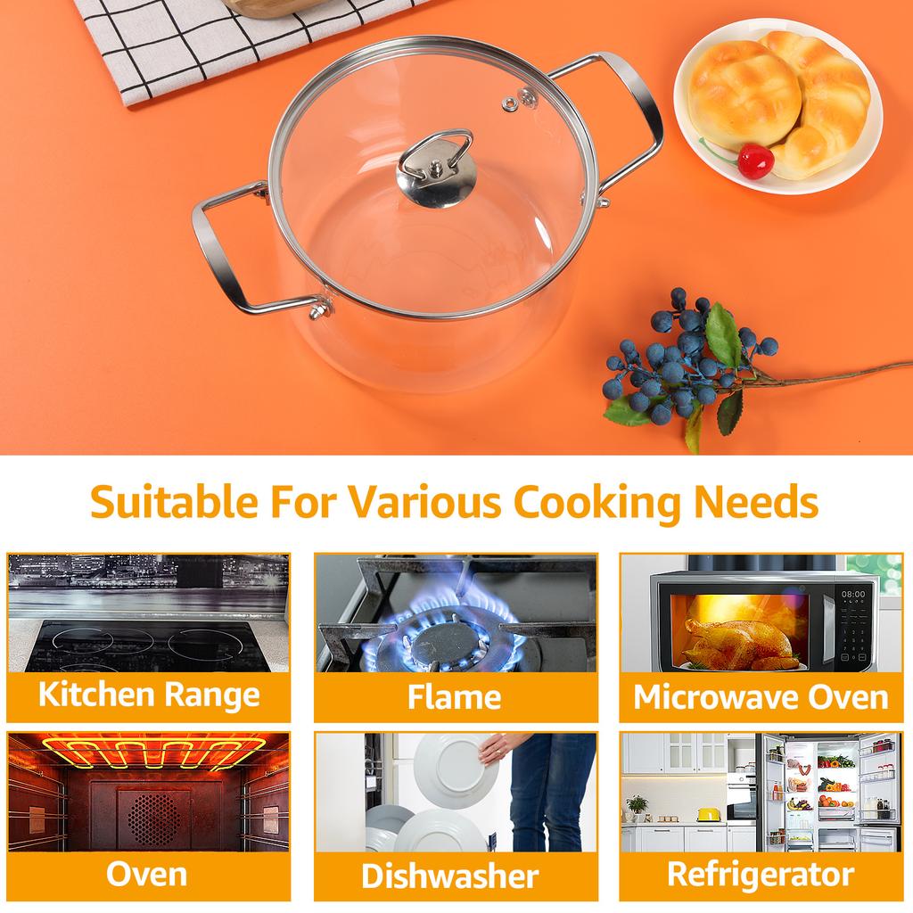Glass Cooking Pot 2.5L/3.5L Heat Resistant Simmer Pot Clear Glass Pots with Pot Lid Borosilicate Glass Cookware for Kitchen