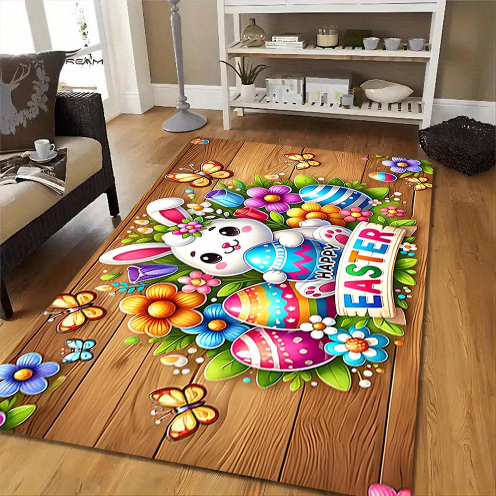 Spring Bunny Watercolor Print Decoration,Carpet,Living Room,Bedroom, Non-slip,Square rug