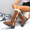 Women's Buckle Detail Knee High Boots - Faux Fur Lined Casual Boots with Hidden Wedge Heel, Low Heel Winter Fashion Boots