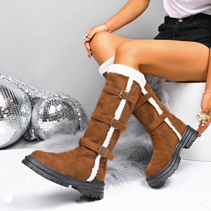 Women's Buckle Detail Knee High Boots - Faux Fur Lined Casual Boots with Hidden Wedge Heel, Low Heel Winter Fashion Boots