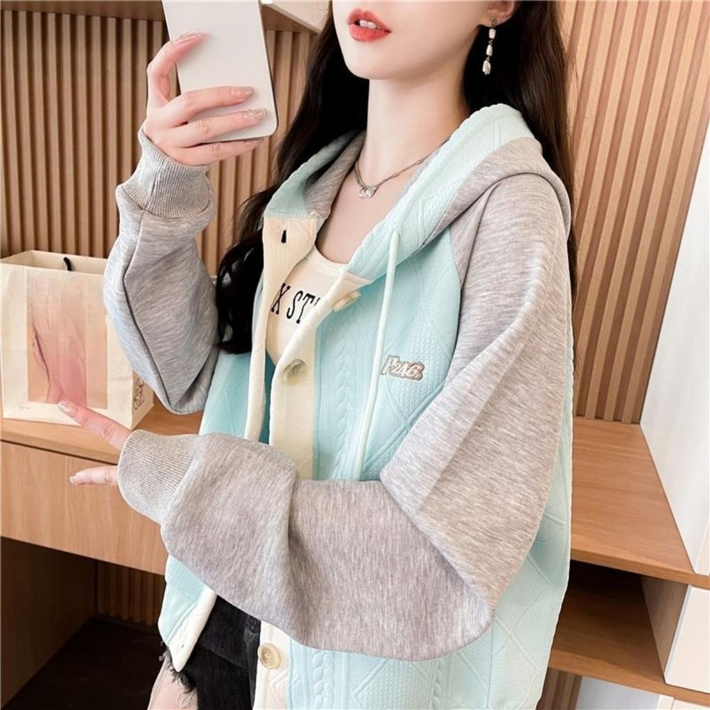 Color Blocked Hooded Jacket for Women In Plus Size, Spring and Autumn New Thin, Medium and Long Single Breasted Patchwork Hoodie for Women