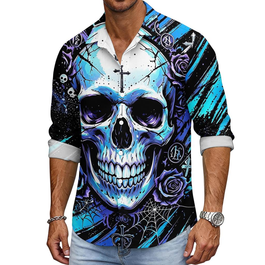 Men's Halloween Long Sleeve Button Down Shirt with Collar Casual for Holiday Parties