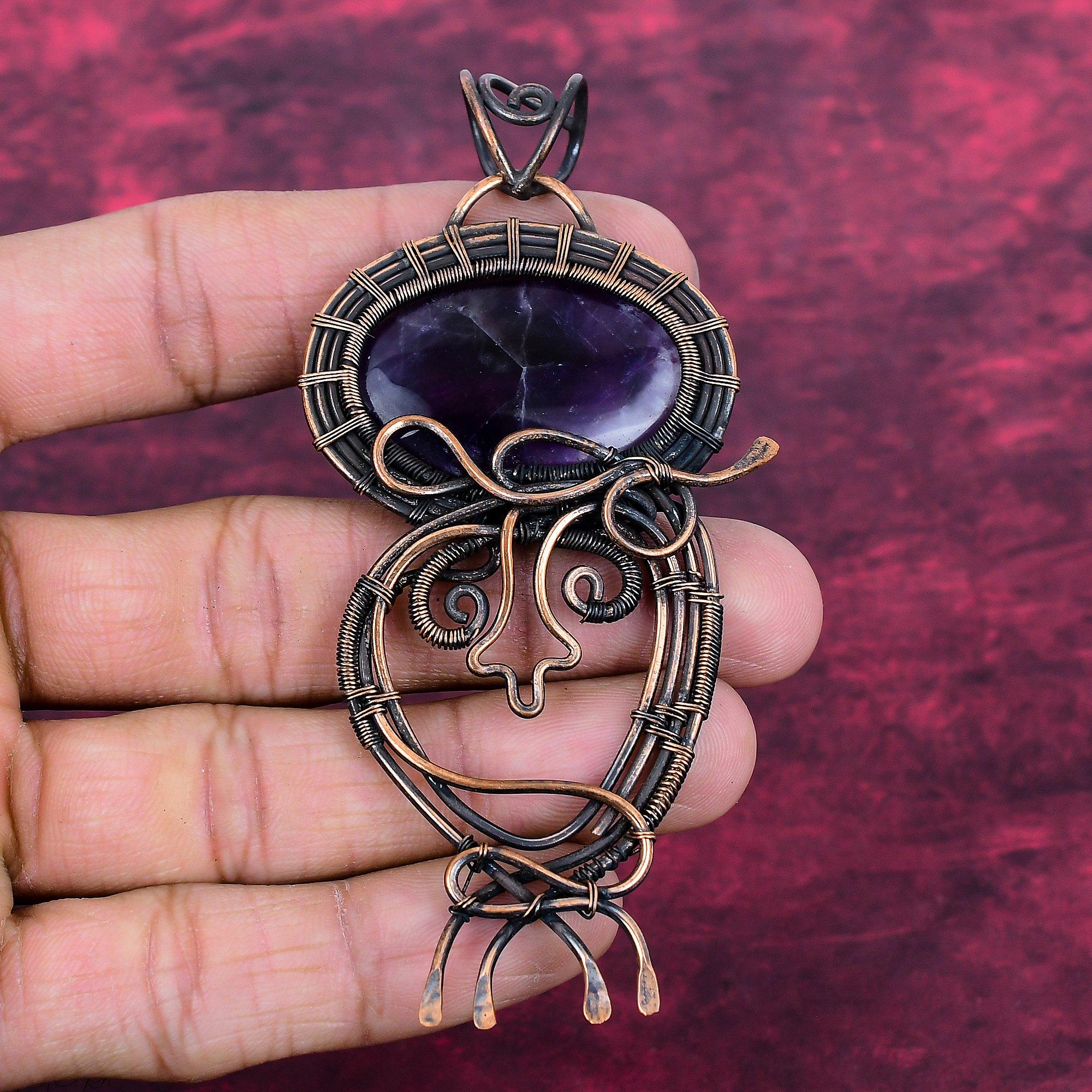 Chevron Amethyst Pendant Copper Wire Wrapped Handmade Jewelry Gemstone Pendant