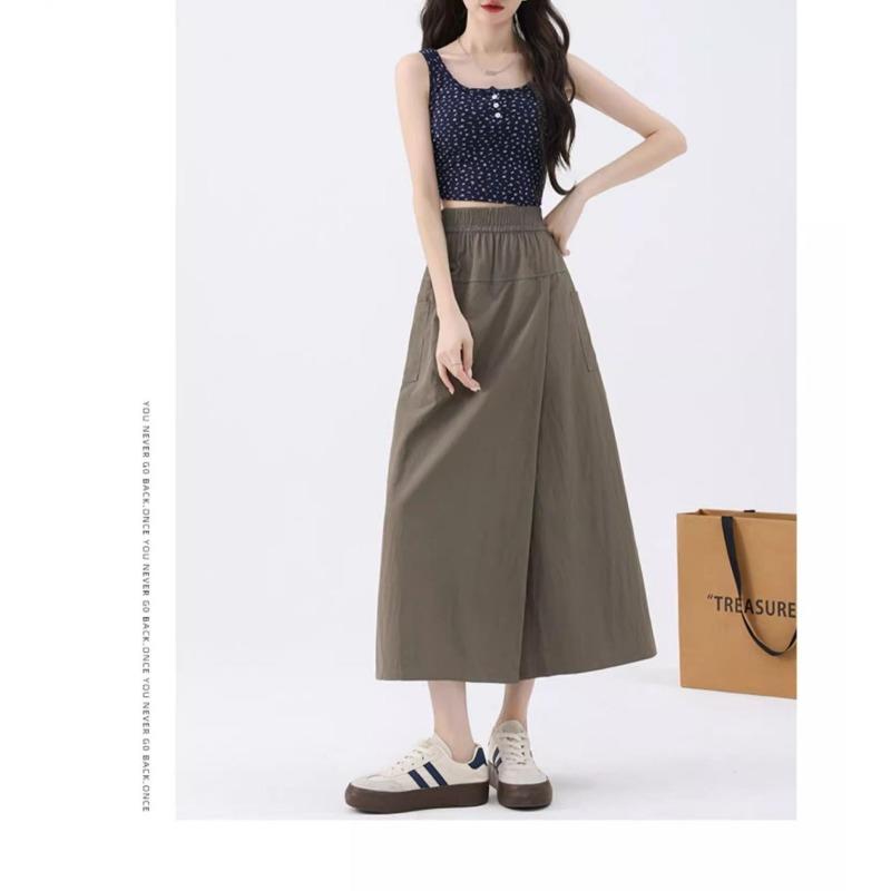 Apricot Overalls Culottes for Women Summer Thin High-waisted A-line Slit Hip-covering Wide-leg Culottes