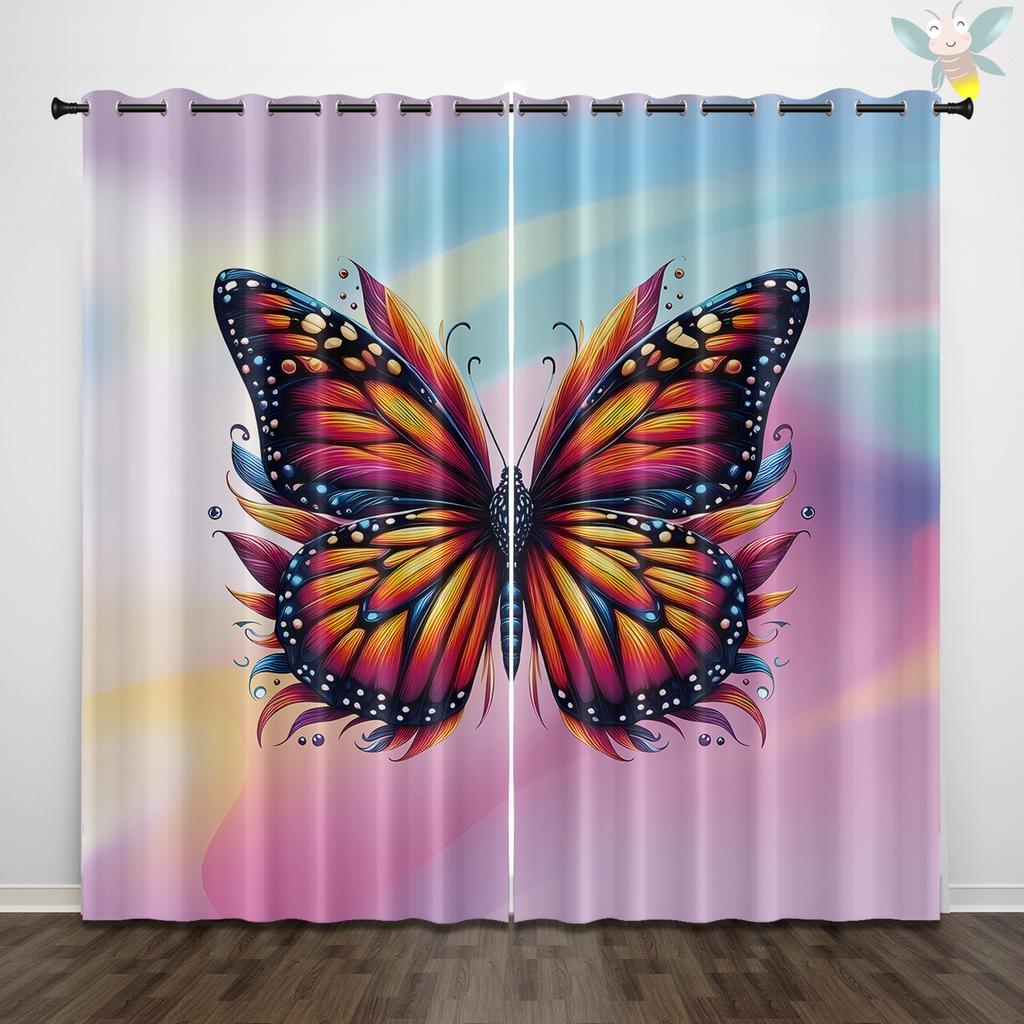 2 pieces of colorful butterfly patterned printed curtains, used for decoration, bedrooms, and living rooms