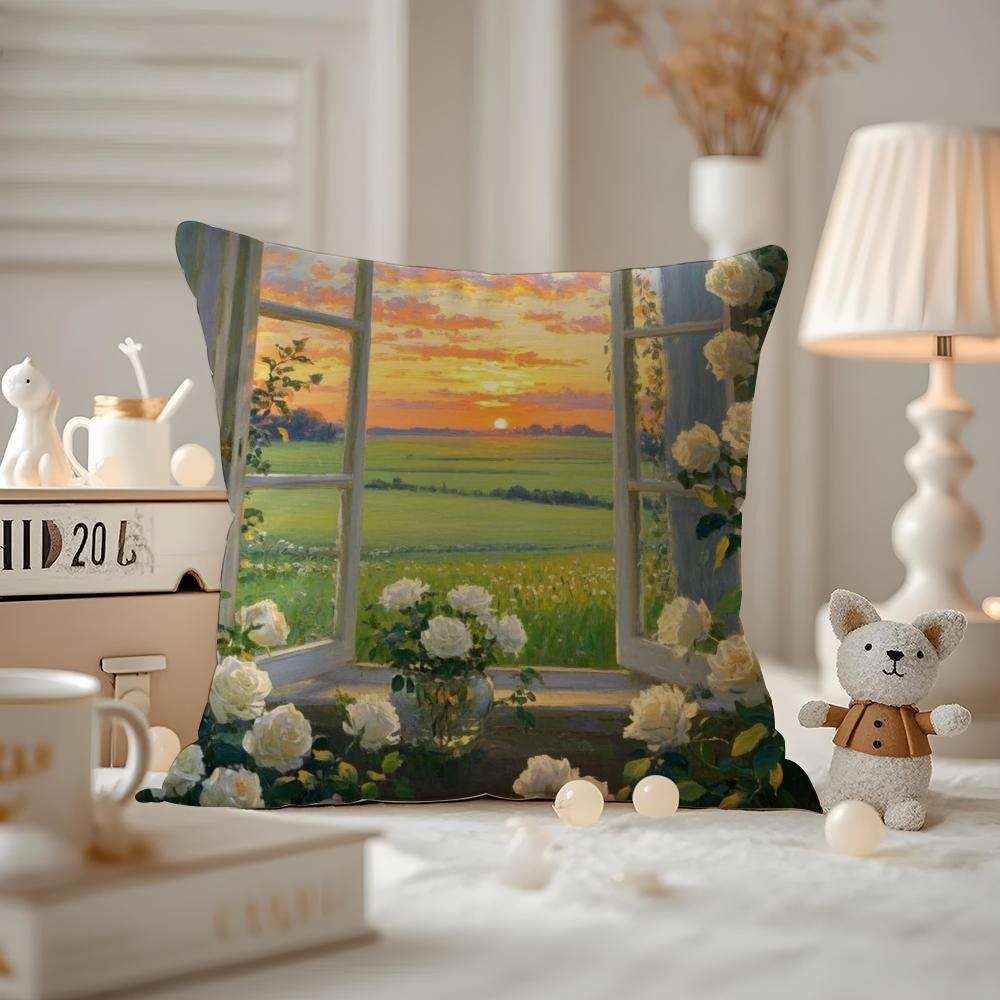 Landscape painting style Cushion Cover Antidustmite Pillowcase Invisible zipper silky short plush Sofa cushion cover