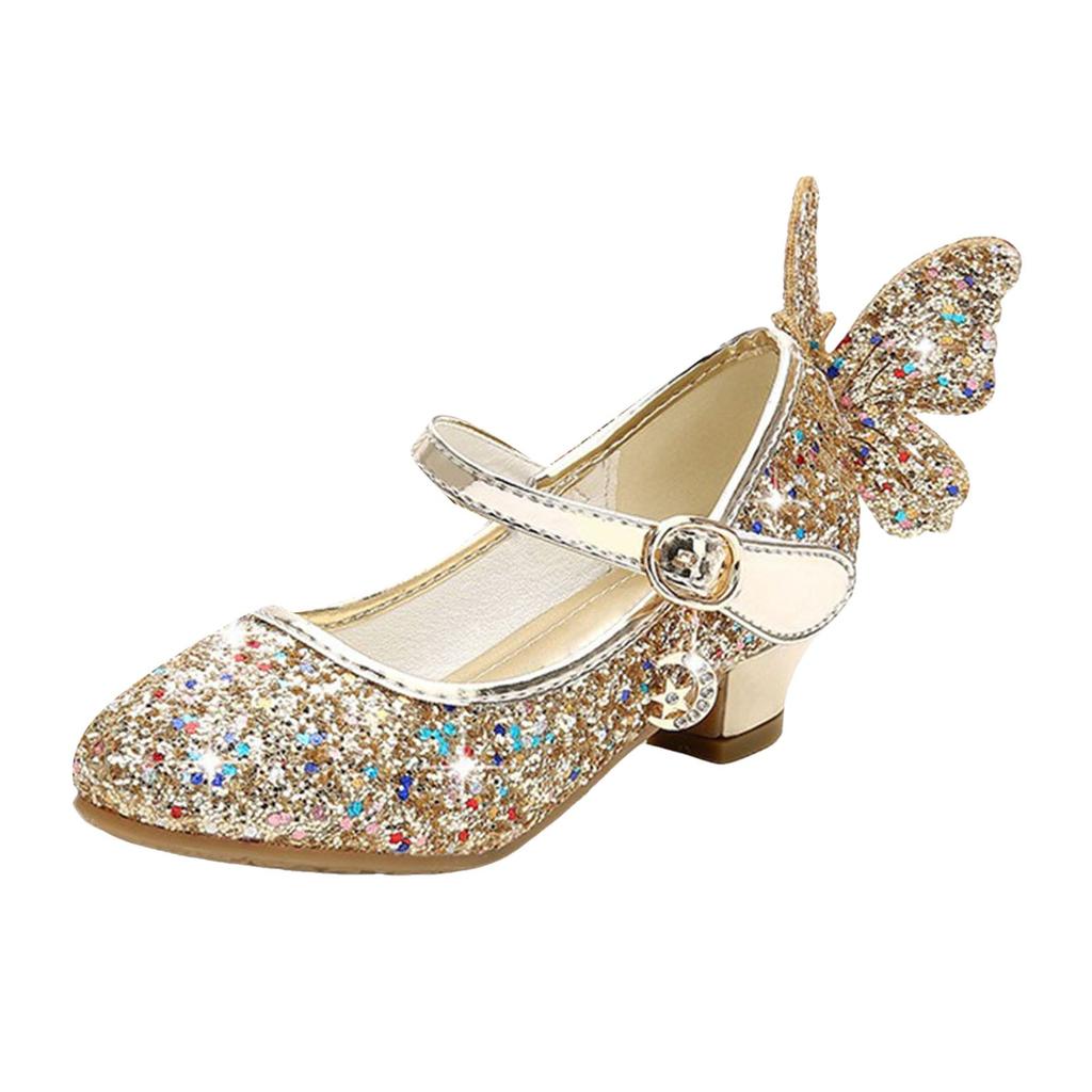 Princess Butterfly Leather Shoes Girls Diamond Bowknot High Heel Children Kid Dance Glitter Shoes Fashion Girls Party Dance Shoe