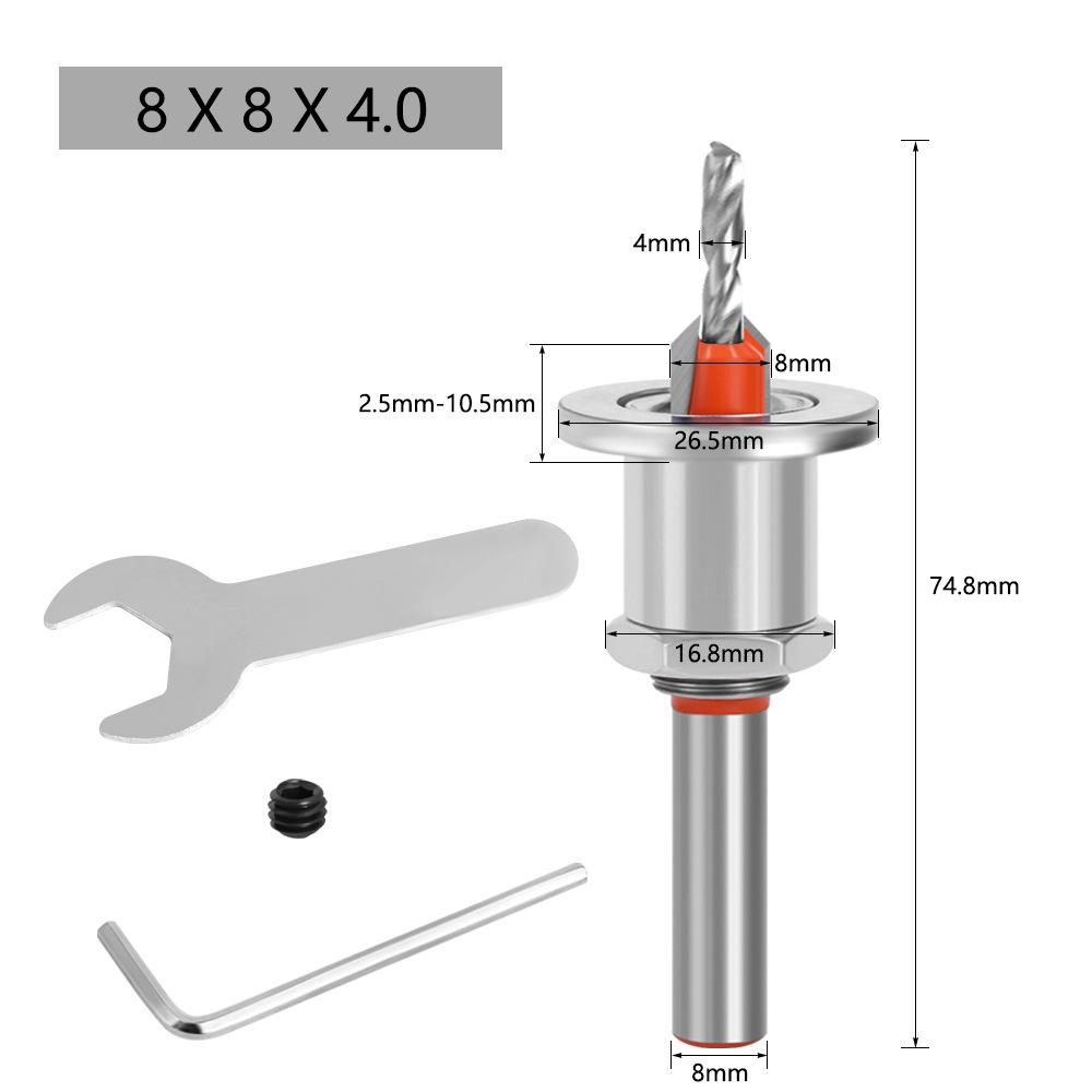 ALLSOME 8/10mm Round Shank Drill Bit Set Adjustable Countersink 2.8-4mm Cone Drill Counterbore Router Drill Bit with Limit Stop