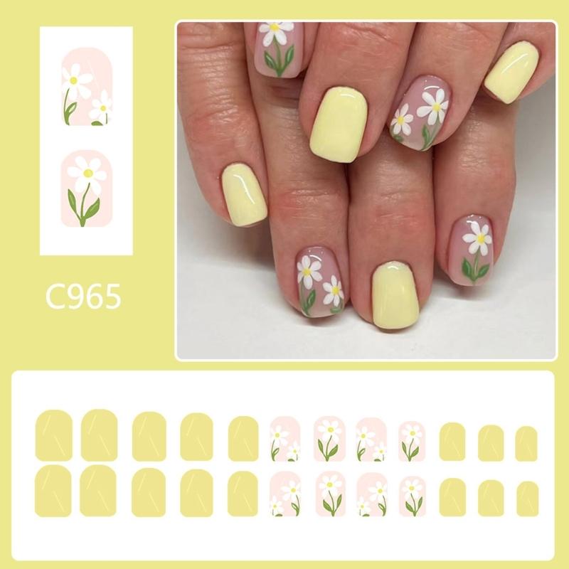 24 Pcs Sweet Flowers Stick On Nail Yellow Artificial Nail Short Square False Nail Glossy Press On Nail for Woman Girls