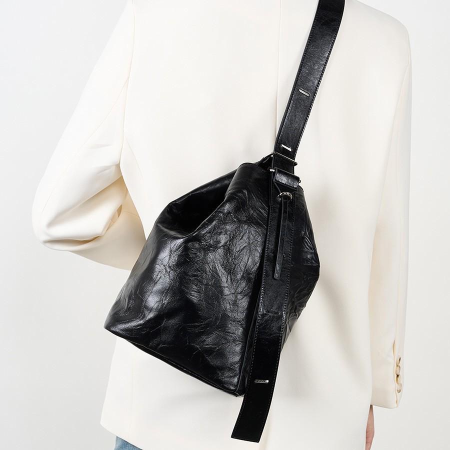 Faul Und Bequem Plissierte Erste Schicht Rindsleder Eimer Tasche Damen Premium Tragetasche Echtes Leder