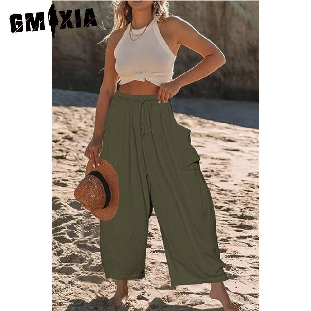 GMXIA Modne damskie spodnie i spodnie capri z wysokim stanem, na co dzień w jednolitym kolorze