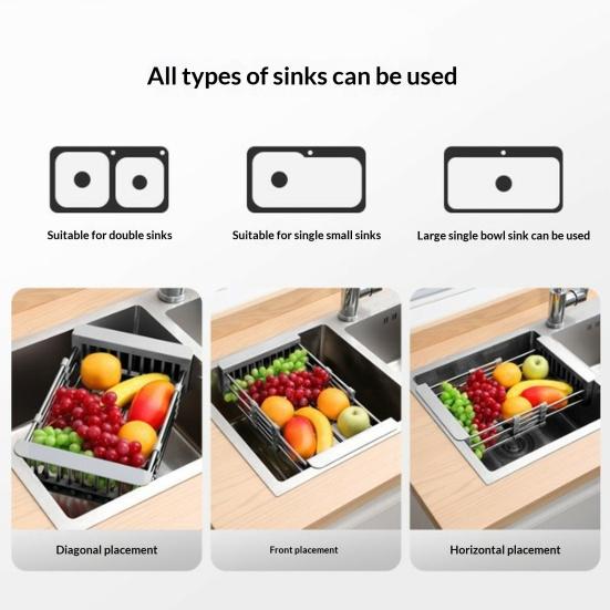 Afvoer Mand Roestvrij Staal Keuken Zink Afvoer Mand Telescopisch Droogrek met Antislip Ondersteuning Bestek Opbergruimte