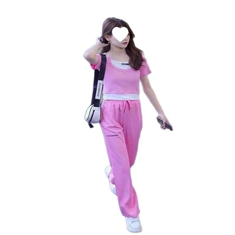 Short-sleeved Casual Sports Suit for Women Summer Splicing Fashionable Temperament Fake Two-piece Top Wide-leg Pants Two-piece Set
