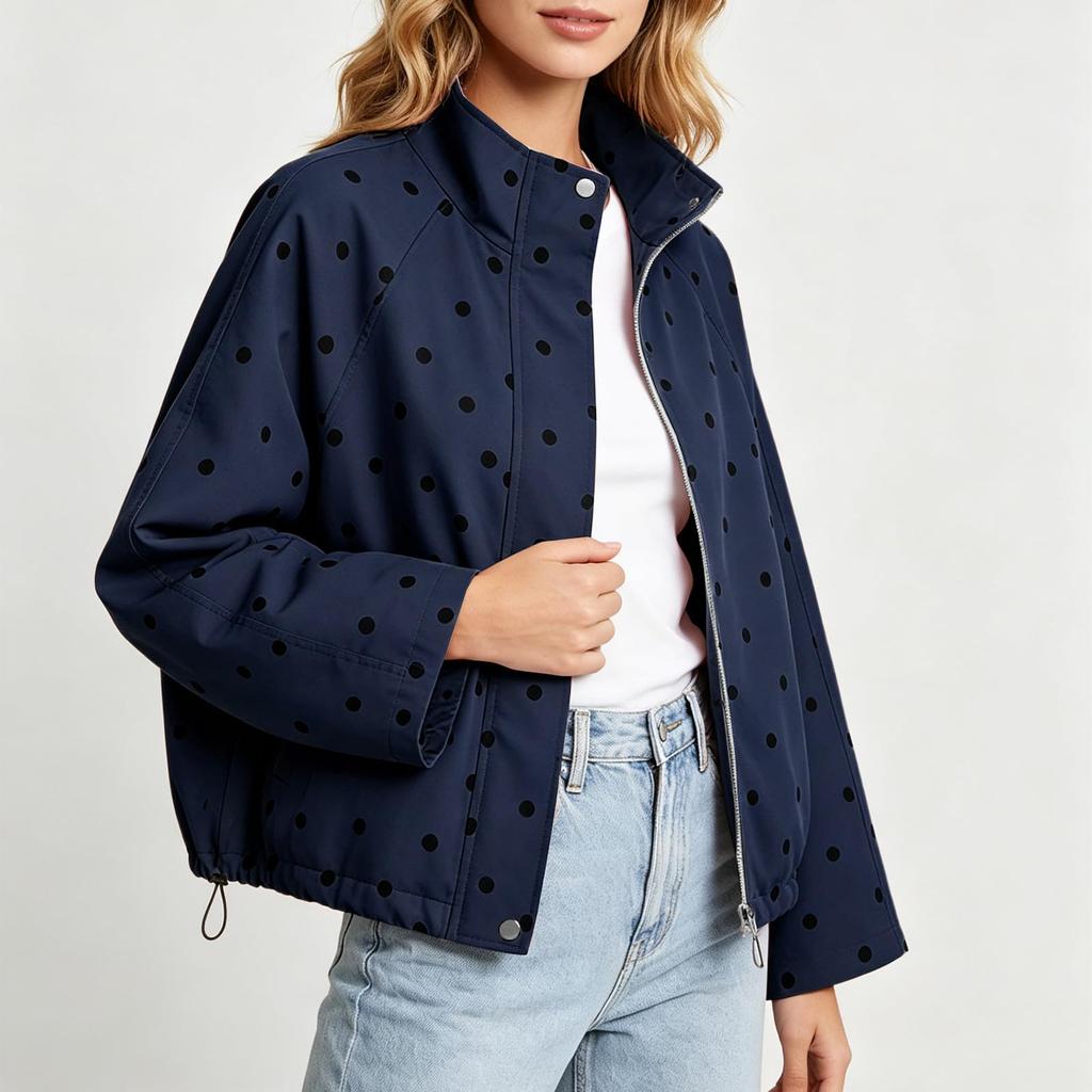 Giacca Casual da Donna a Pois con Collo Alto e, Capo Esterno Versatile dalla Vestibilità Larga