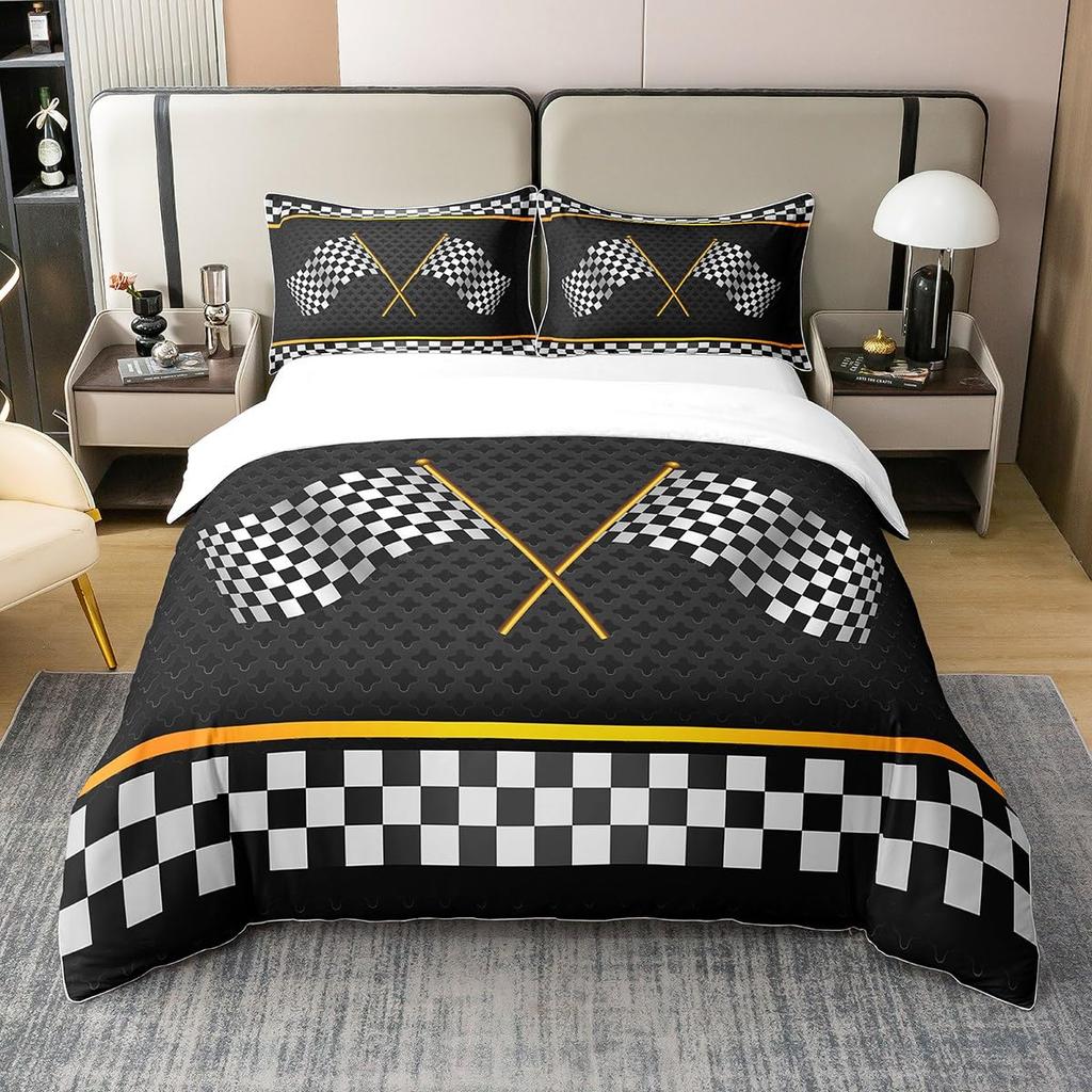 Checkered Flag Duvet Cover Sets for Teens Adults Queen Lightweight Quilt Covers Racing Themed Bedding Set Bedroom Decor No Quilt