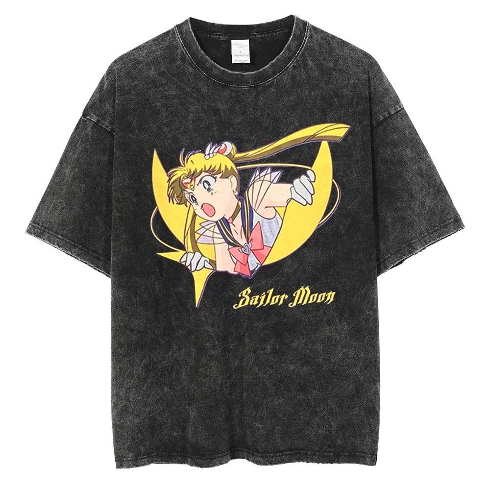 Pánské Dámské Potisk Vintage Prané Tričko Japonské Anime Streetwear Grafické Tričko Léto Krátký Rukáv Bavlněné Tričko