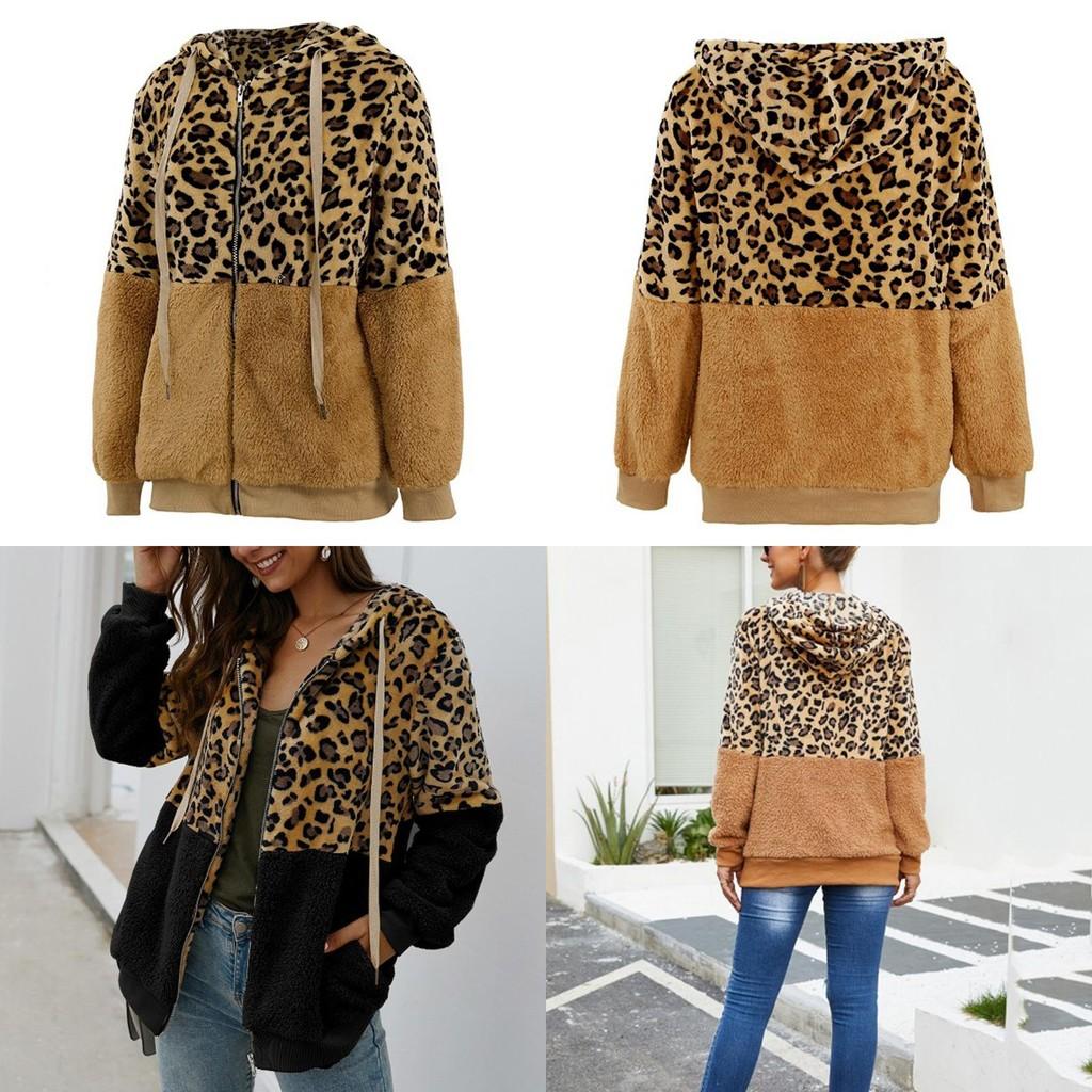 Stylish Women Bear Hooded Jackets With Cozy Fleece And Trendy Leopard Print Design