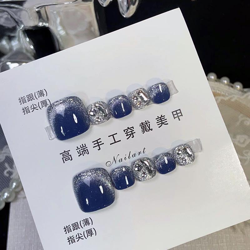 Handmade Crystal Cat Eye Toenail Art - Gray Blue Finish