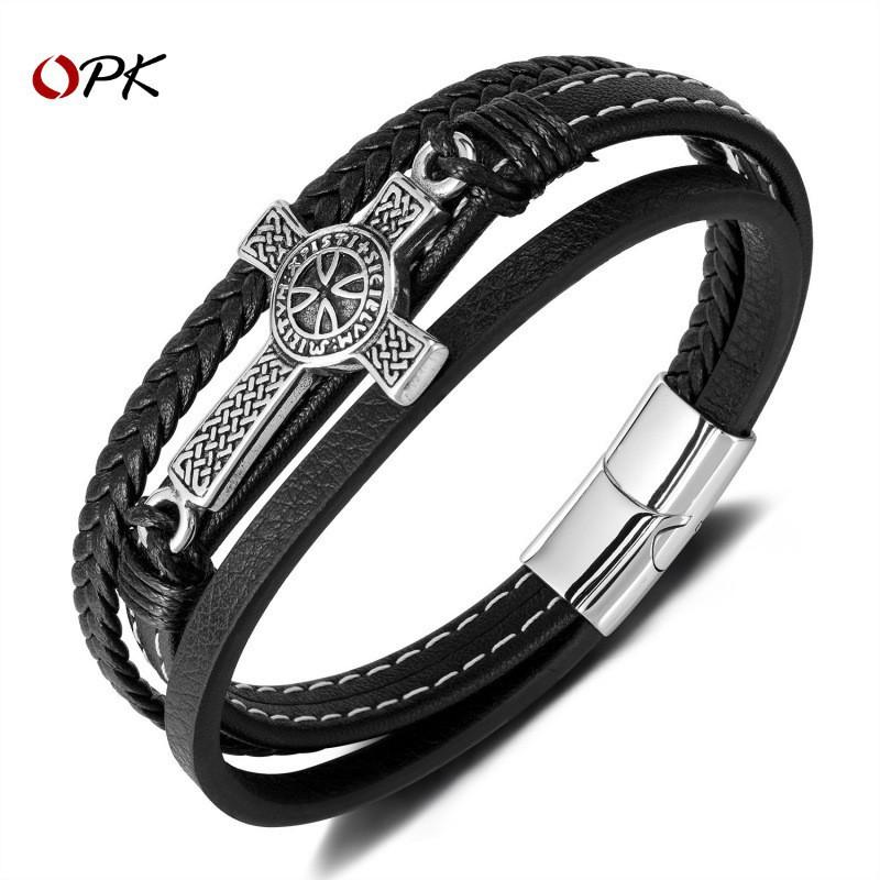 Personalized Bracelet Men's Stainless Steel Creative Multi Layer Weaving Cross Titanium Leather