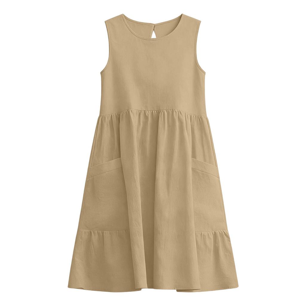 Women Sleeveless Casual Summer Dress Cotton Linen A Line Sundress Loose Fit Tank Dress with Pockets Simple Solid Design