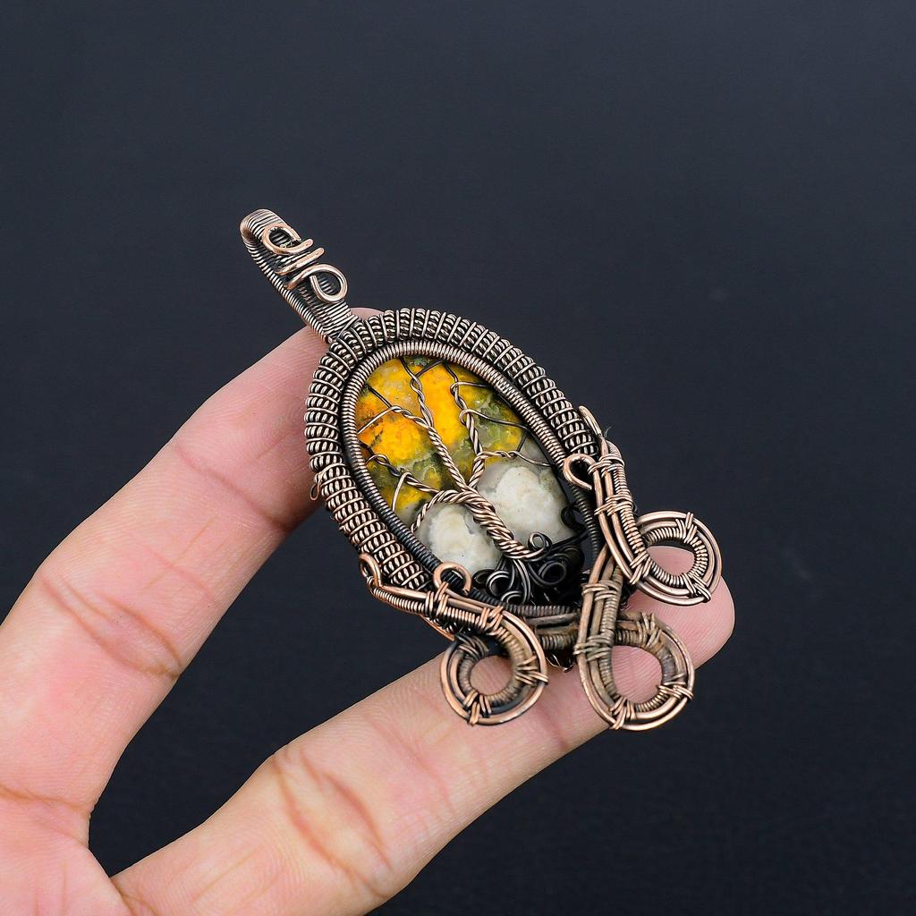 Bumble Bee Jasper Jewelry, 999 Copper Wire Wrapped Gemstone Pendant, Handmade Pendant, For Memorial Day