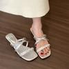 French Thick Heel Rhinestone Slippers Fairy Shoes Wear 2025 Summer Pink with Skirt Bow Sandals