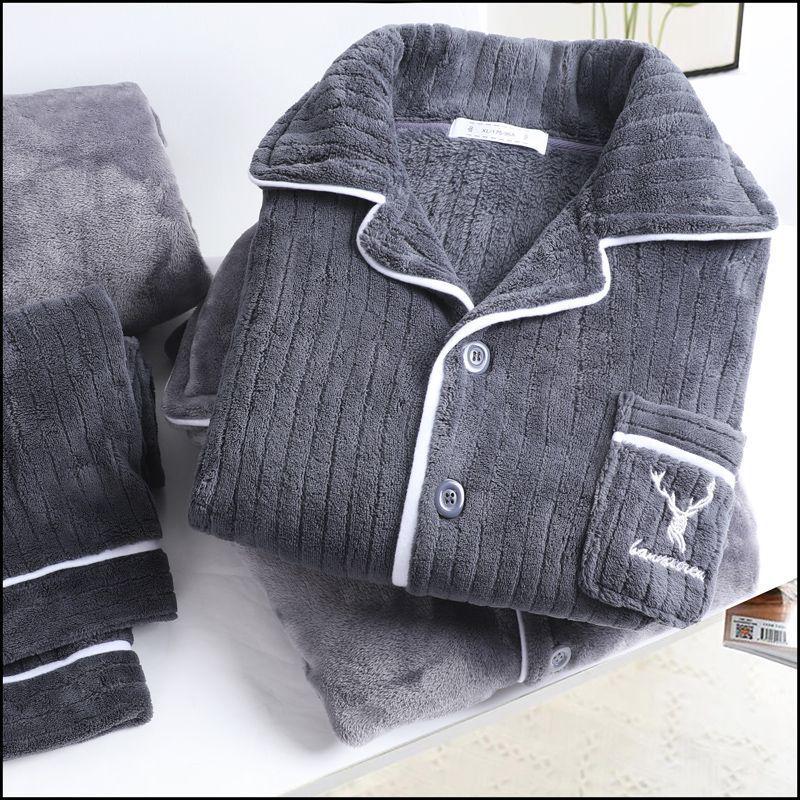 Coral Fleece Men's Pajama Set - Thick, Warm, Long Sleeve, Loose Fit for Autumn/Winter