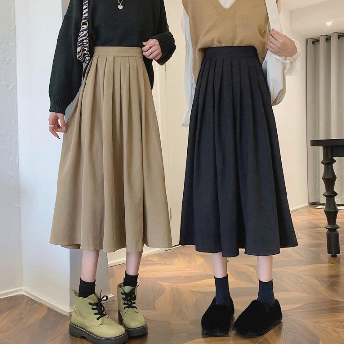 Vintage High Waist Pleated Skirt Women Korean Fashion College Style Long Skirt Ladies Autumn Casual A Line Skirts