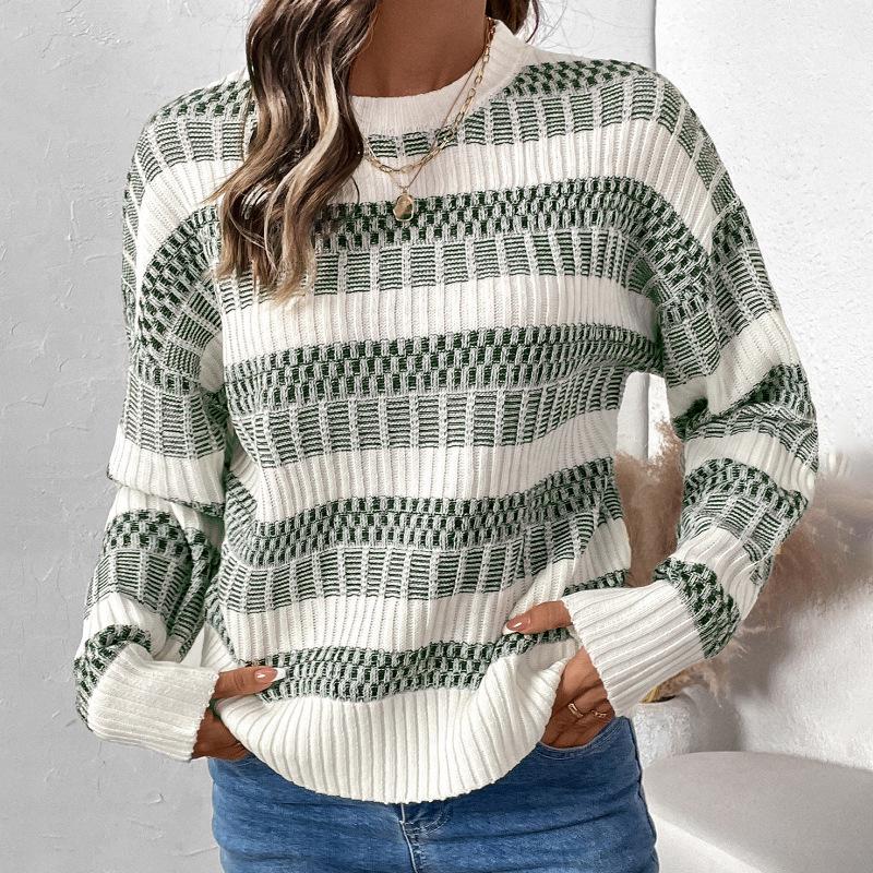 2026 Retro Style Loose Round Neck Double Stripe Long Sleeve Sweater for Women - Autumn/Winter Collection
