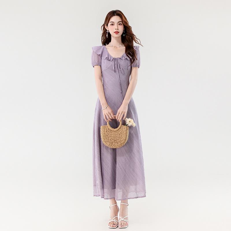 Elegant French Ruffle Dress - Slim-Fit Waist-Cinching Summer Style for Women M фиолетовый