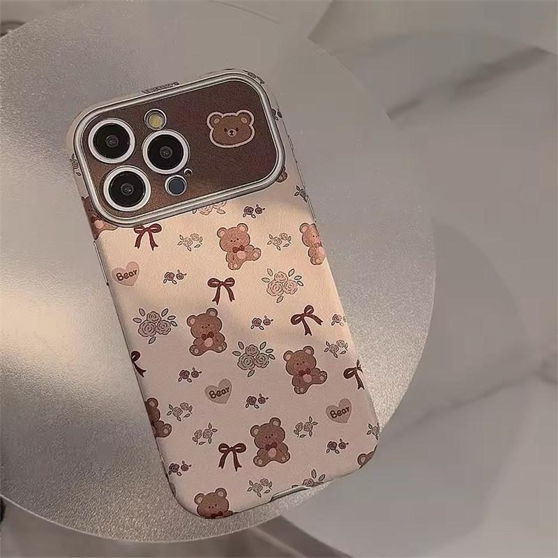Sött tecknad rosettbjörn lädertextur mobilskal för iPhone17 16 15 14 13 12 11 Pro Max Plus kameralins skyddande stötsäkert fodral
