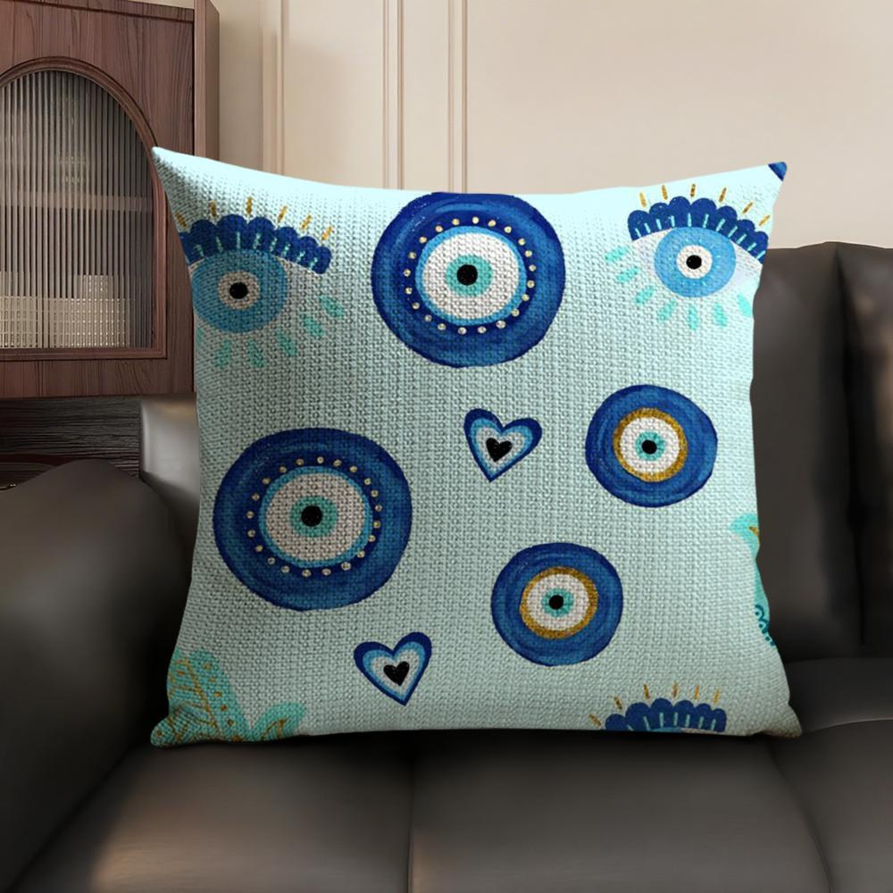 Custom Evil Eye Luxury Cushion Cover Natural Linen Organic Fabric Double-Sided Printing Sofa Home Decor Gift Pillow Case