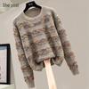 Women's Striped Wool Blend Round Neck Hollow Knit Sweater