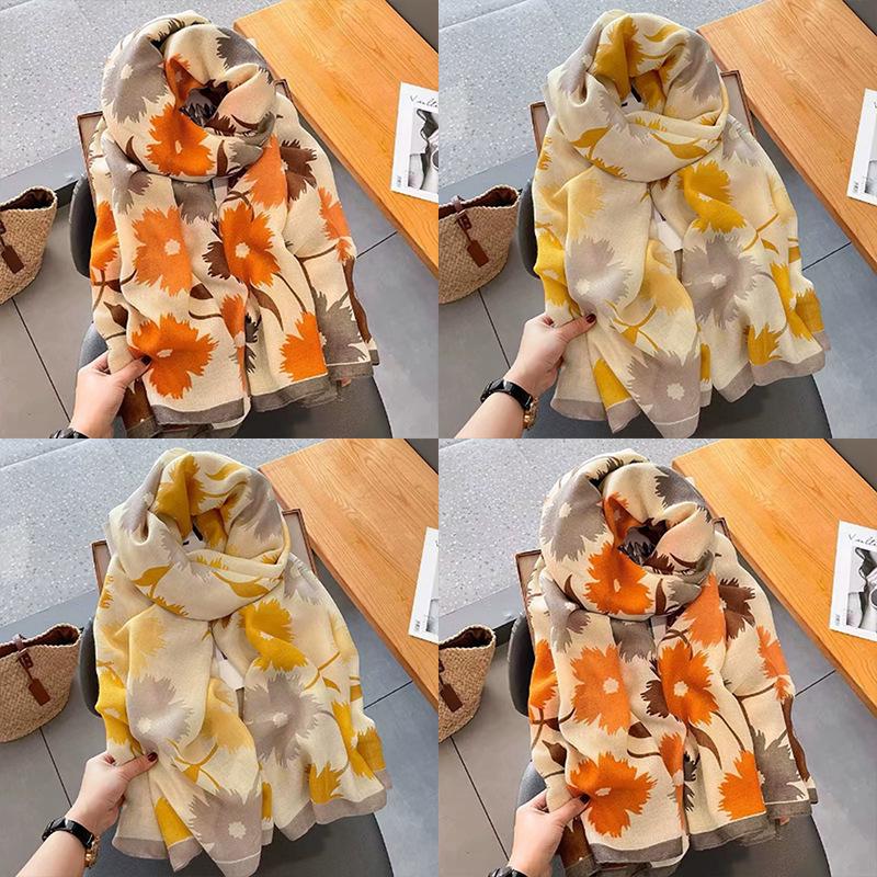 Korean Style Floral Cotton Linen Scarf, Versatile Long Thin Shawl for Women